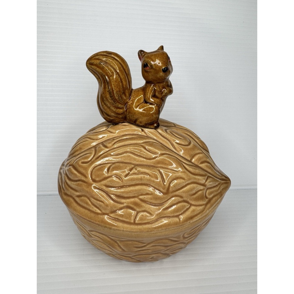 Vintage 7" Squirrel on Walnut Ceramic Nut Jar Trinket Box Candy Nature Retro MCM